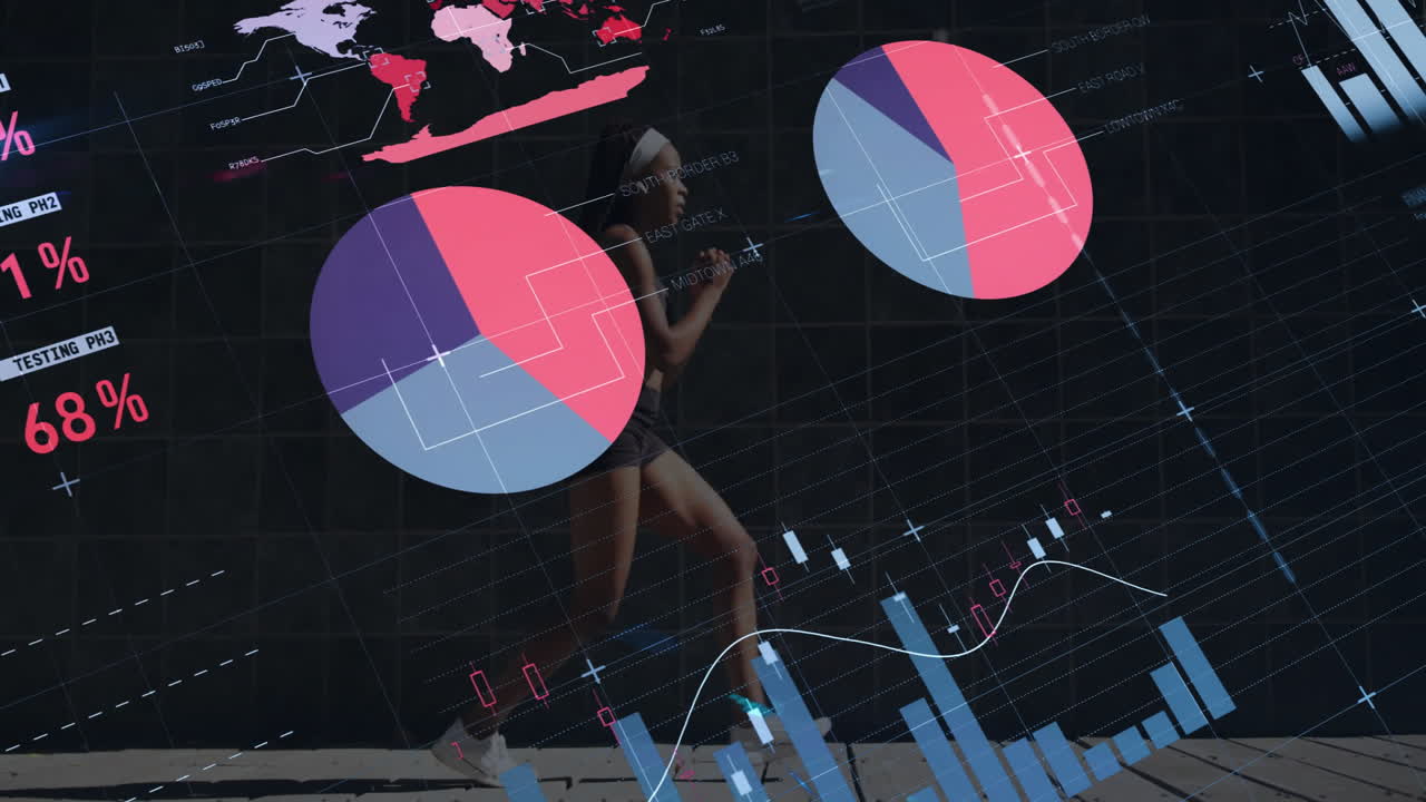 Exercising person with animation of data visualization and graphs in gym