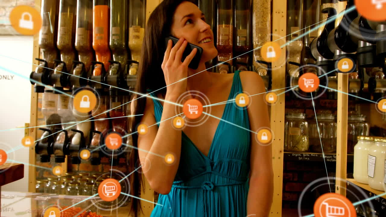 animación de puntos conectados sobre mujer caucásica hablando y teléfono móvil en la tienda de comestibles