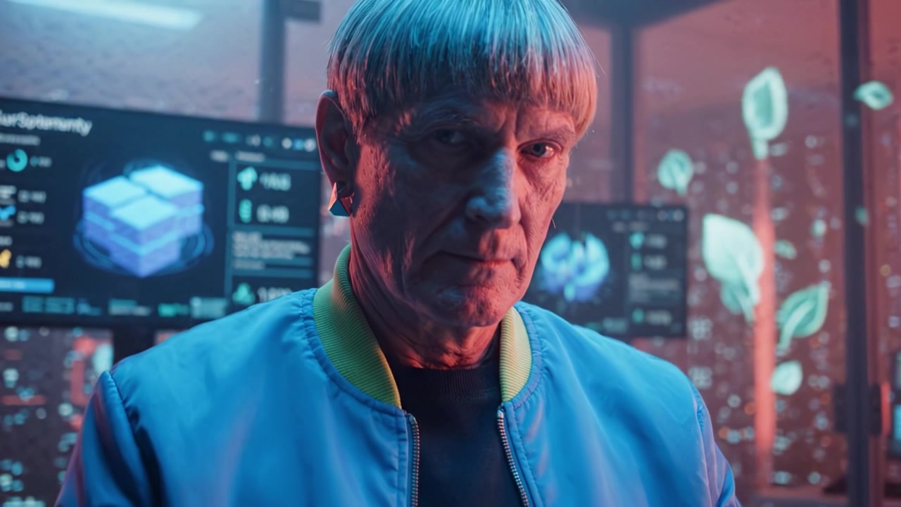 An Intriguing Display of Technology and Human Emotion: A Character Grips a Futuristic Device while Gazing Intently in a Mysterious, High-Tech Environment