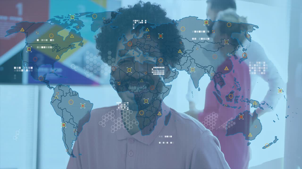 Man writing with yellow pencil initiating map and tech UI markers tracking continents for business