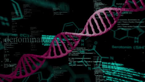 Animation-of-dna-strand-and-data-processing-over-dark-background