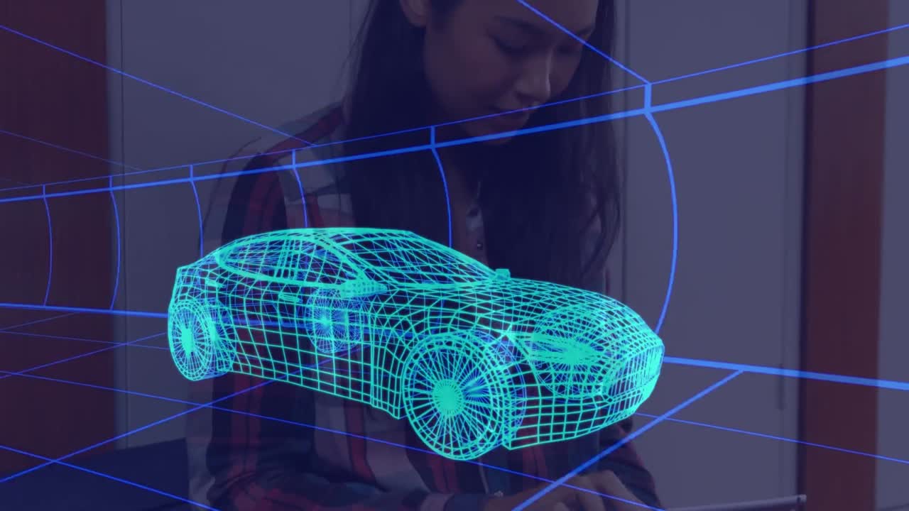 태블릿을 사용하는 여성 위에 3d 자동차 그림의 애니메이션