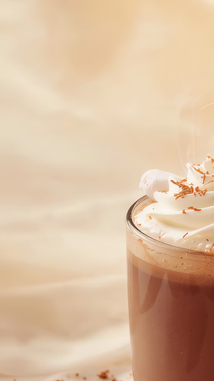 Video verticale: videocamera in movimento che rivela un moka in vetro con panna montata su un panno beige, spazio per la copia