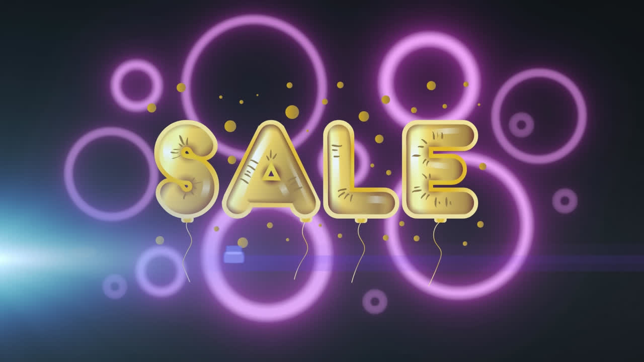 animación de texto de venta y círculos en fondo negro