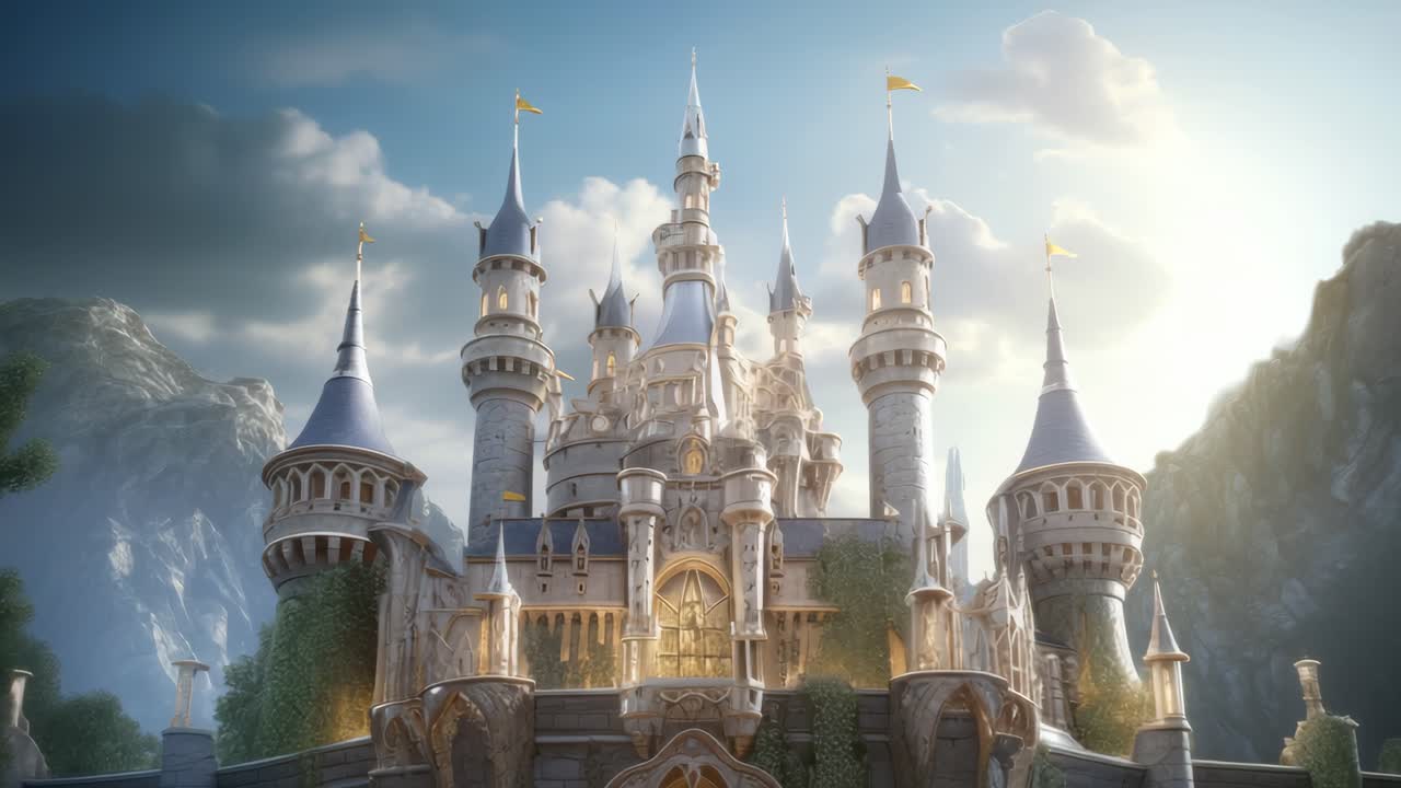 Majestic castle video scene, captured from a low-angle, showcasing intricate architecture amidst