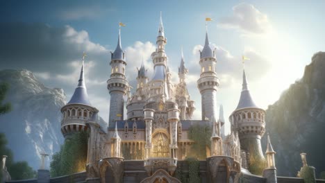 majestic castle video scene, captured from a low-angle, showcasing intricate architecture amidst