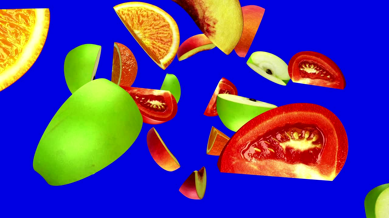 piezas de frutas caen desde la parte superior en la pantalla azul, bucle sin costuras, cg
