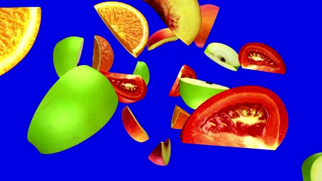 pieces of fruits fall from the top on blue screen, seamless loop, cg