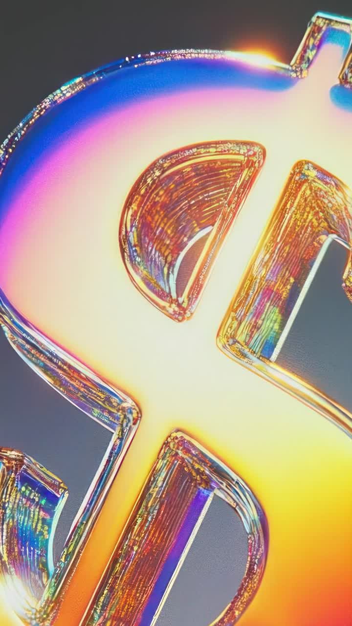 A close-up video of a glass dollar sign with blue lighting, shot from a low angle