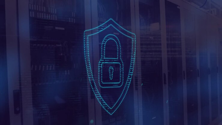 Animation of light spot over security padlock icon and data processing against computer server room