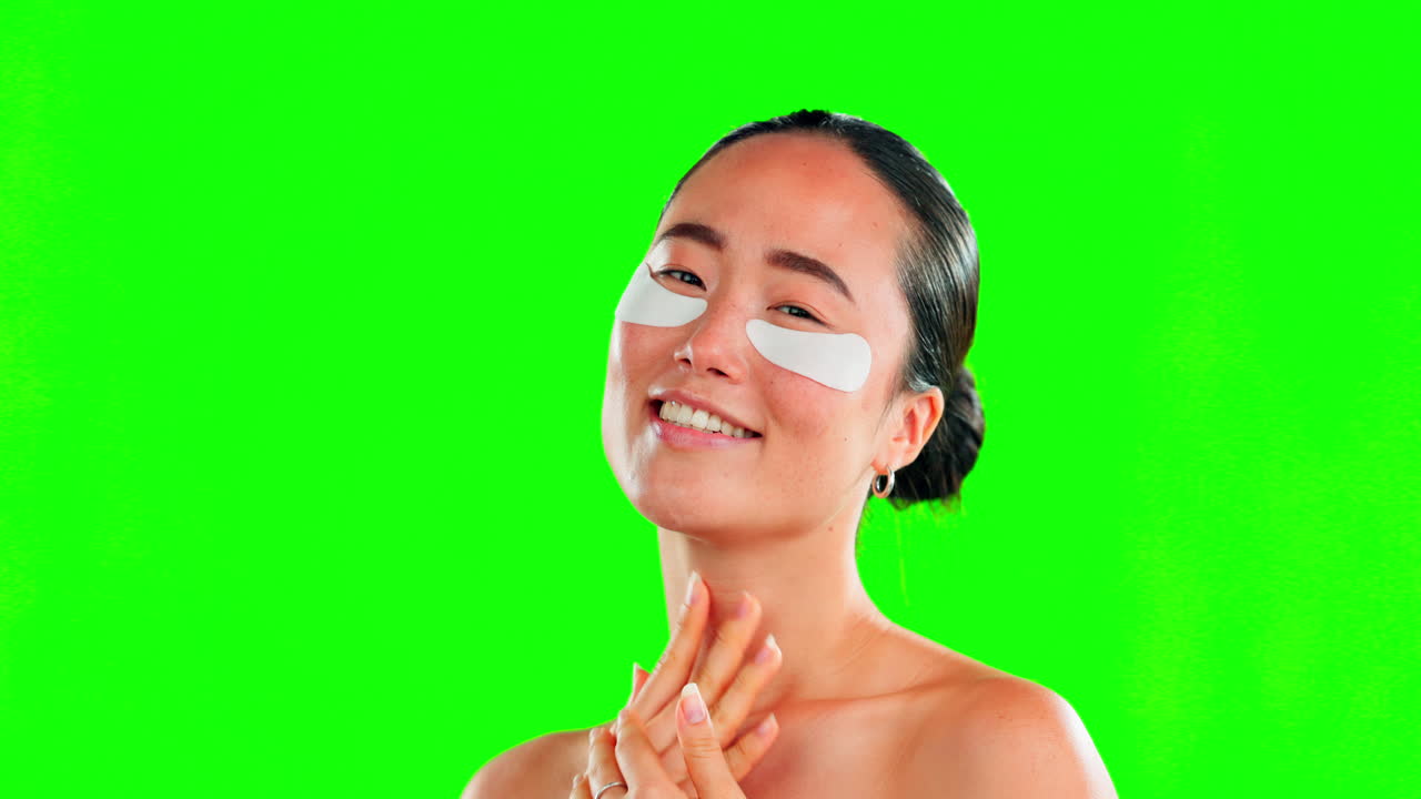 Asian woman, skincare and face with eye patches