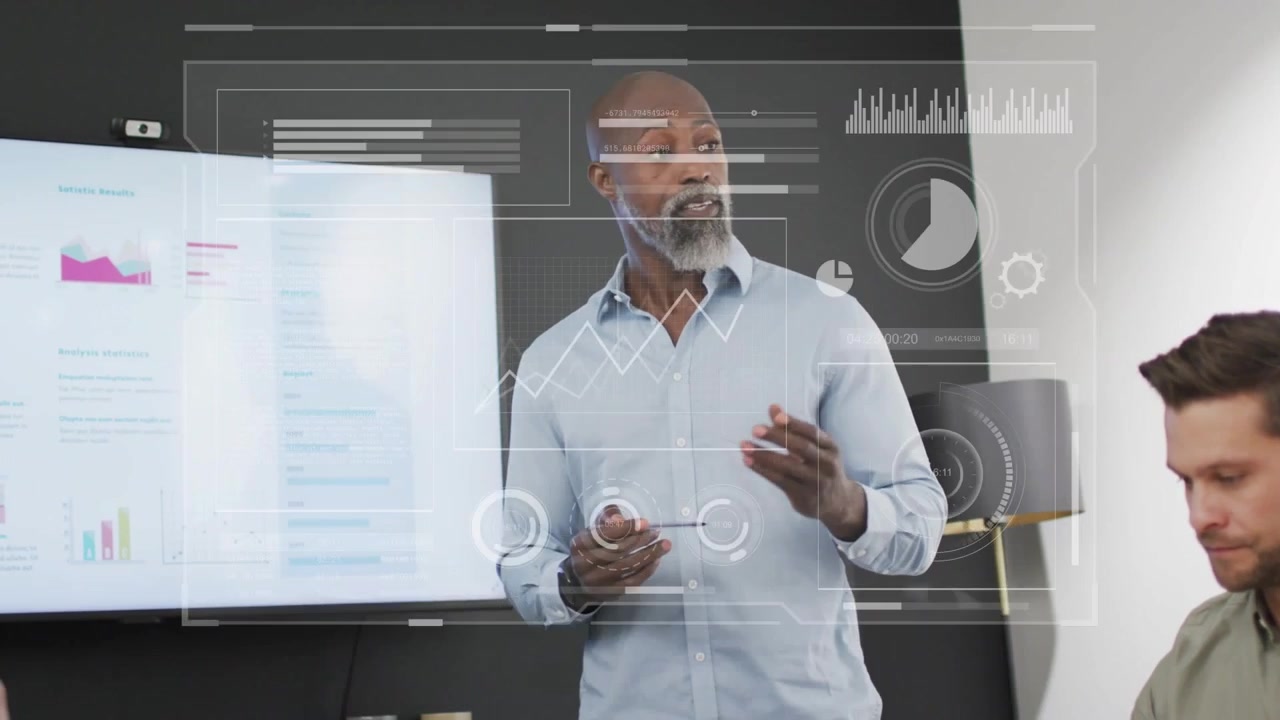 Standing presenter starting sales meeting gesturing with pen, explaining charts while HUD showing