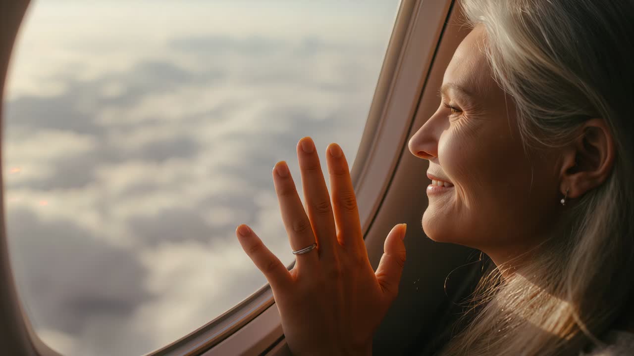 Donna che guarda fuori dal finestrino dell'aereo con la mano con gli anelli, osserva le nuvole, si riflette, spazio per la copia