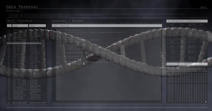 Frosted 3D DNA helix floating across interface, showing credentials, code editor, encryption grid