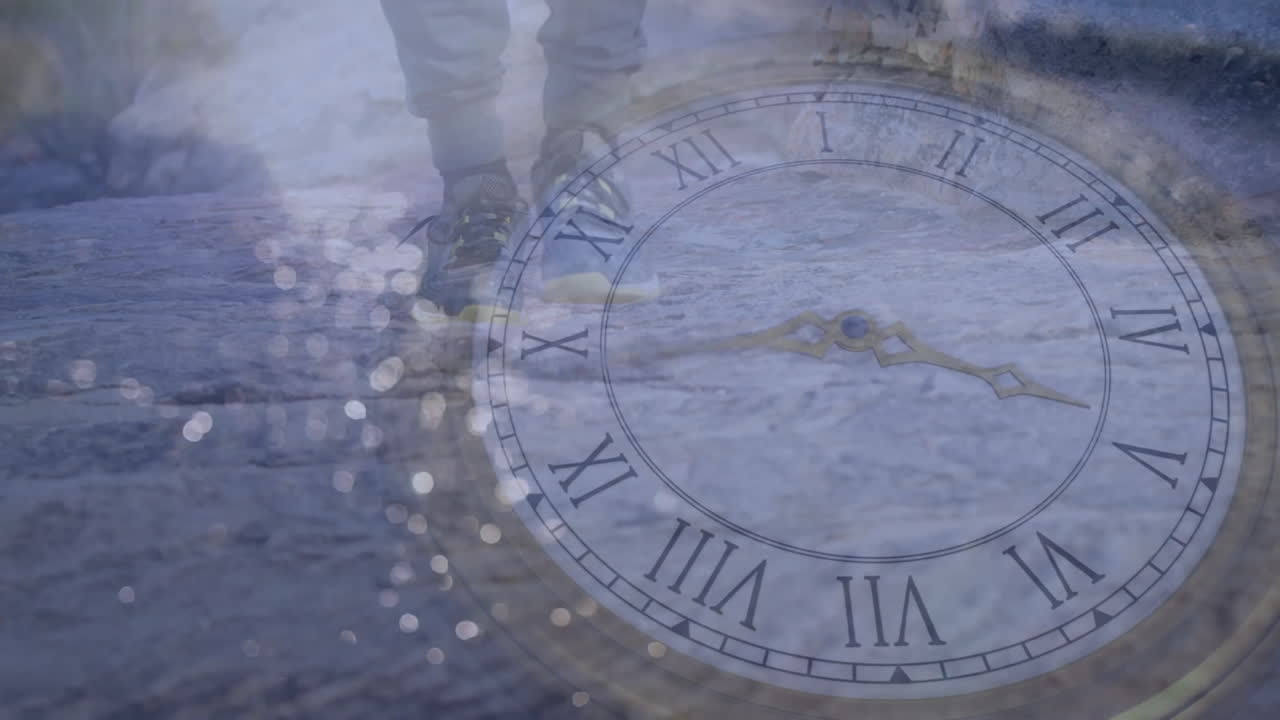 Animation of clock face overlaying person walking on wet ground, surreal effect