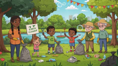 community effort in environmental conservation: children and adults work together for an earth cleanup event amid nature's beauty