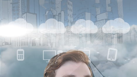 animación de un hombre de negocios con nubes e iconos digitales