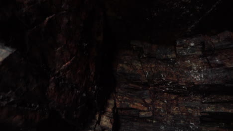 a close-up of dark, textured rocks showing rugged layers and natural formations in low light