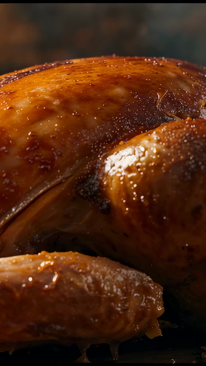Video verticale: la fotocamera si concentra su pollame arrosto adagiato su una tavola di legno da cui gocciola il succo