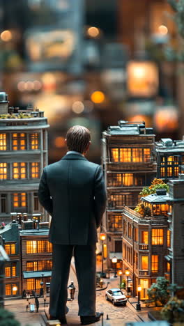 miniature city viewed from behind a businessman during evening hours