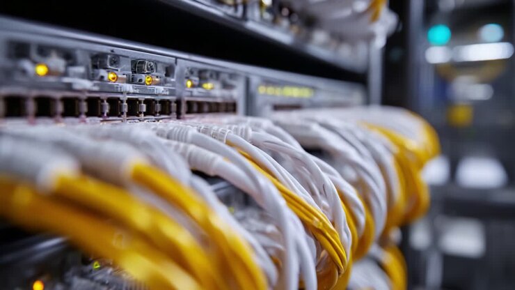 Close-Up of Network Switch with Ethernet Cables Showing Data Connections and Active Indicator Lights in a Server Room Environment