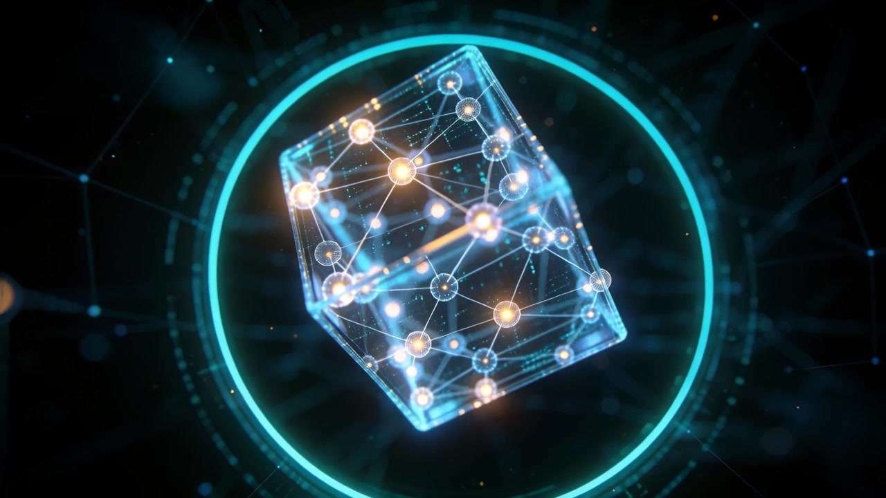 Loop starting hologram cube rotating and tilting in 3D space, showcasing node network and teal HUD