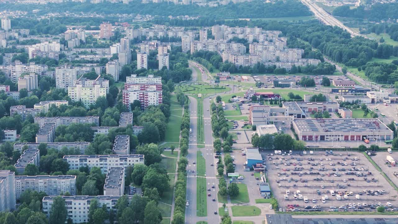 Old apartment buildings in Kaunas city, aerial view