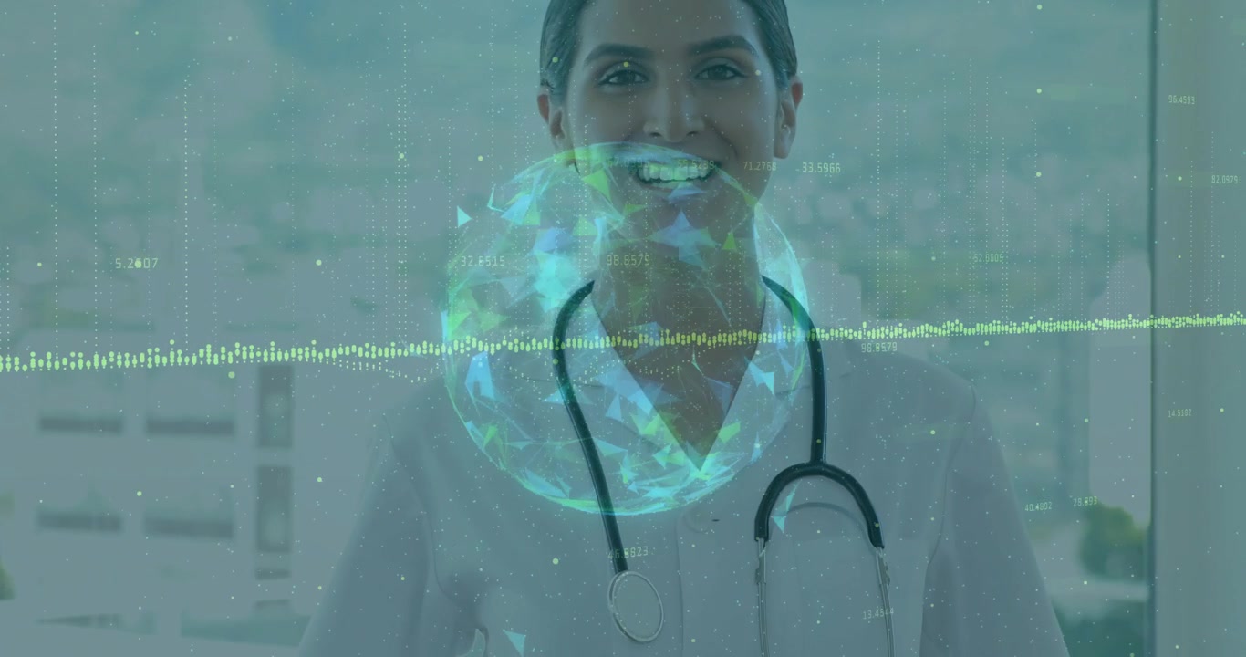 Globo girando y datos pulsando, haciendo que un profesional médico gire el torso para revelar su rostro con datos.