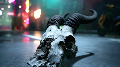 animal skull in a cyberpunk city at night