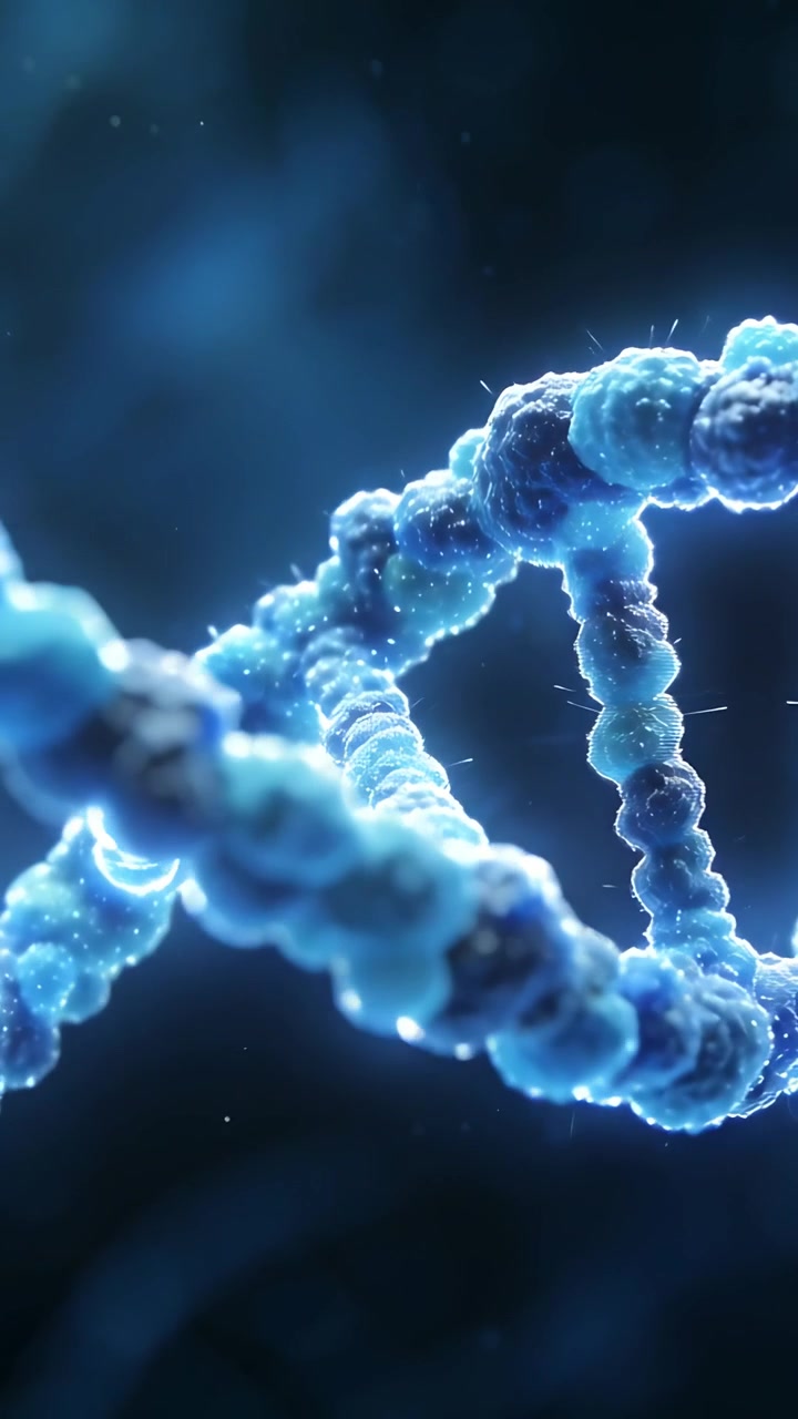 Video verticale: Doppia elica rotante di perline che mostra una scala in un bagliore microscopico, con puntini alla deriva.