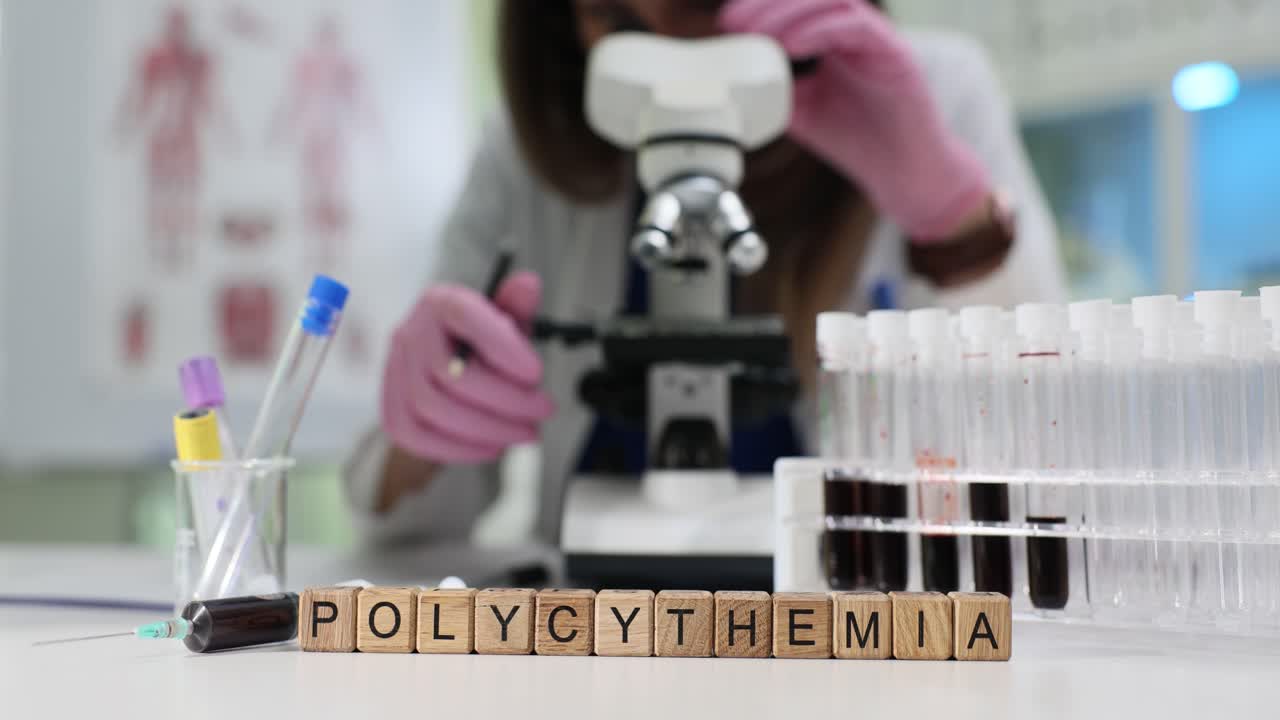 Scientist Studying Polycythemia Blood Samples Under a Microscope