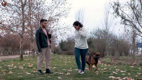 woman taking her dog for a walk in the park while her friend walks with them.