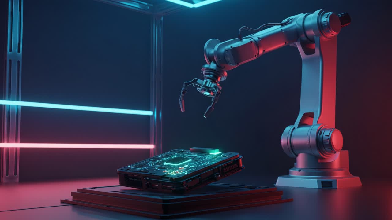 A robotic arm interacts with a circuit board in a futuristic setting, showcasing advanced technology and automation within a neon-lit environment