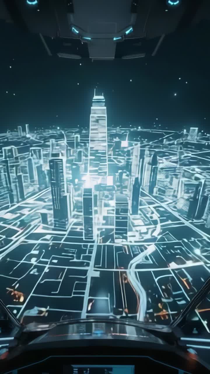 Vertical video: Activating cockpit projecting city grid approaching central tower, with data lines