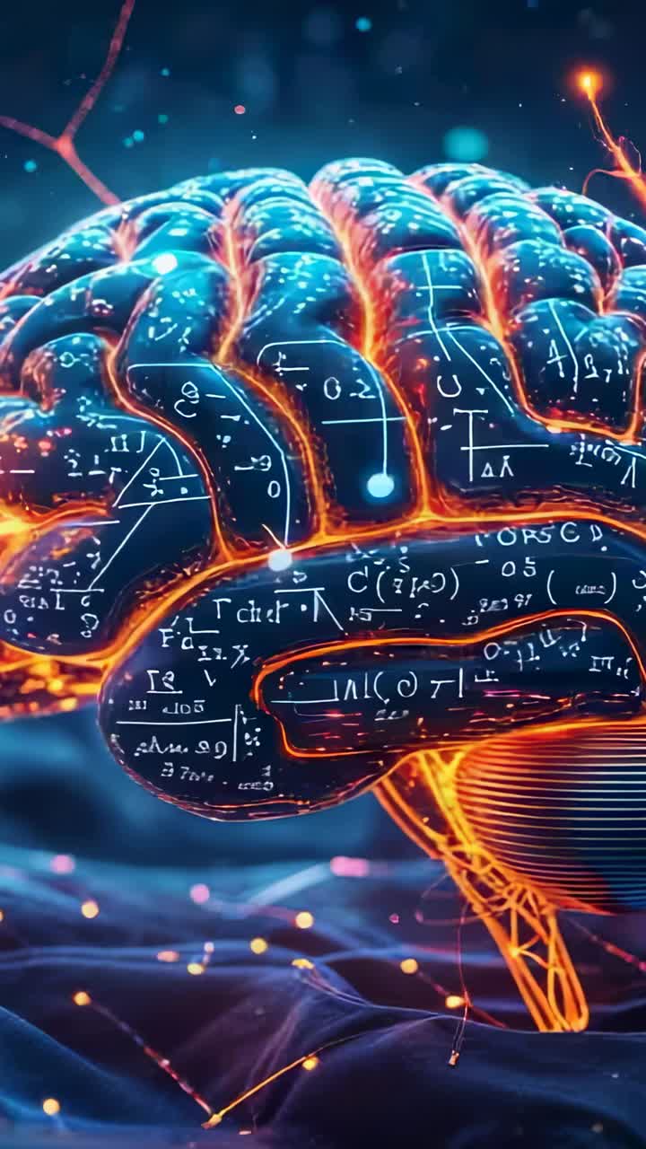 Vertical video: Orbiting camera causing brain pulsing neural pathways, flickering formulas in grid