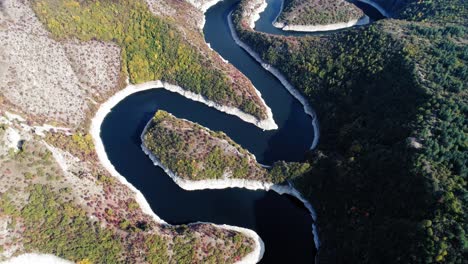 aerial top view of snake river, green forest, nature, high drone shot, bird's eye view, kanyon uvac, serbia