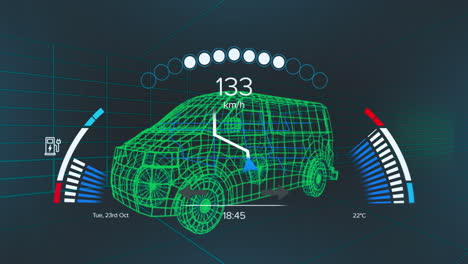 animación de la interfaz del coche sobre furgoneta digital en fondo negro.
