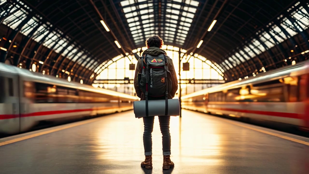 Backpacker står på togperron med kørende tog