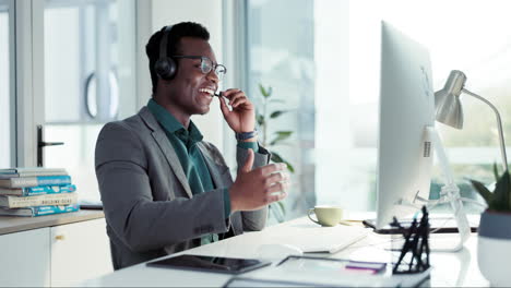 callcenter, smile and black man with computer