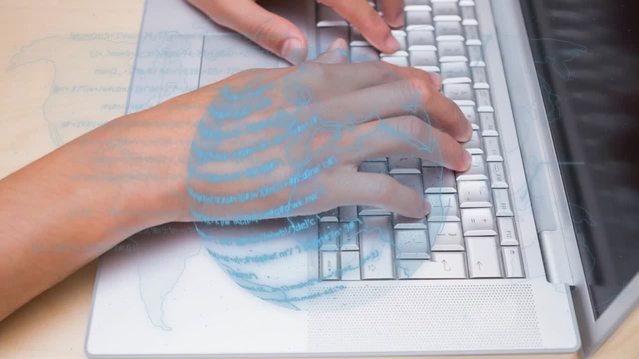 Højre hånd trykker på taster, blåringet kortoverlejring dukker op og forskydes, visualiserer datastrøm