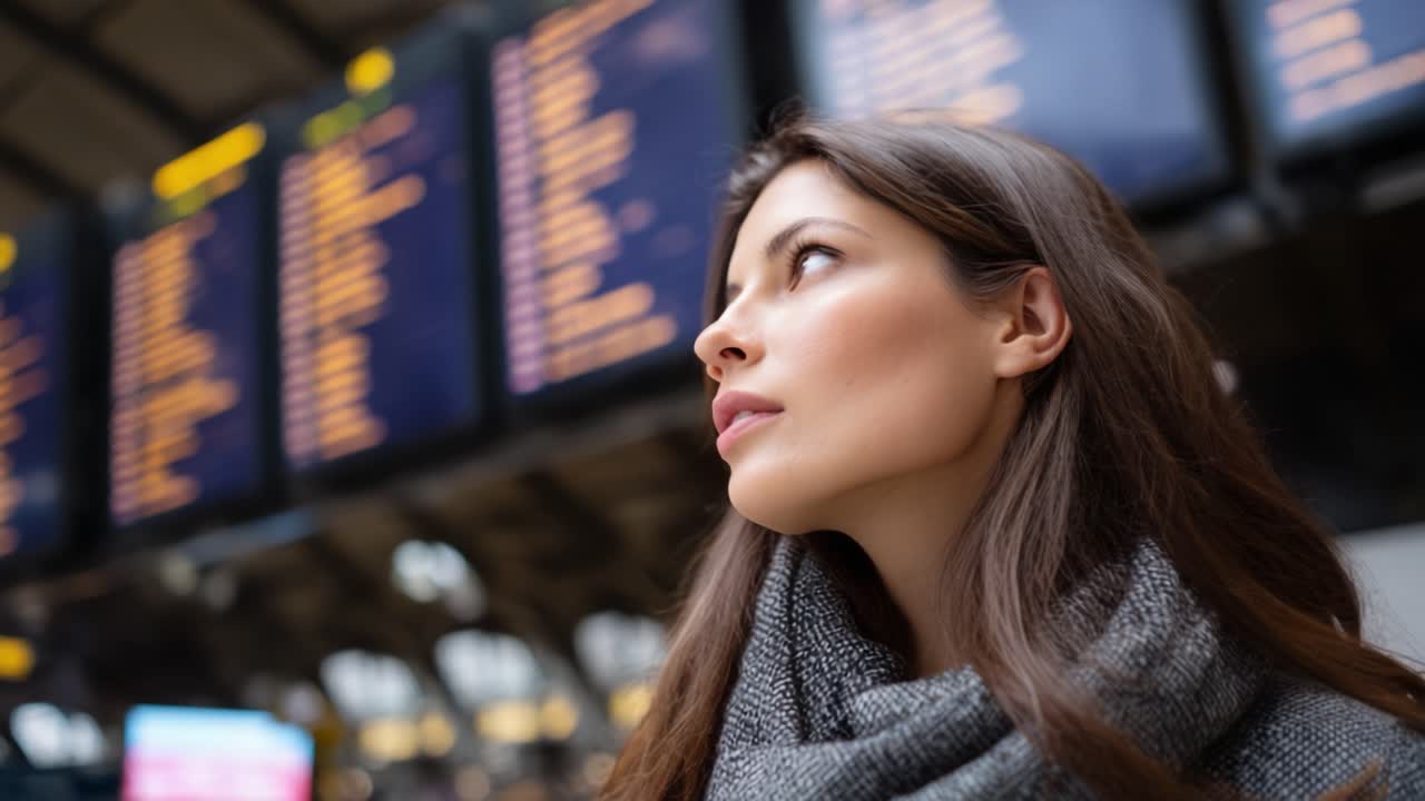 Un viaggiatore pensieroso in aeroporto, che osserva i tabelloni delle partenze mentre indossa una sciarpa calda, catturando l'attesa di viaggiare verso nuove destinazioni.