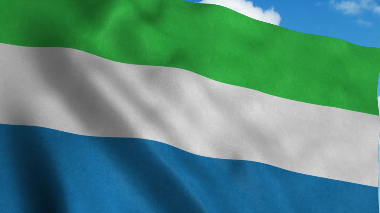 Sierra Leone flag waving in the wind, blue sky background. 4K