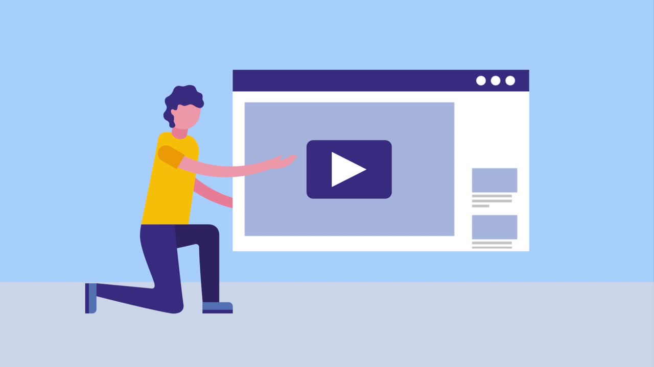 hombre de rodillas con sitio web de video en línea