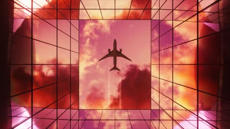 airplane flying above a modern building at sunset