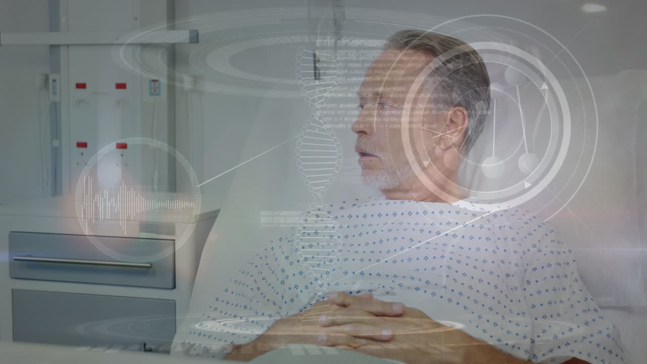 animación del procesamiento de datos médicos sobre un paciente caucásico anciano en una cama de hospital