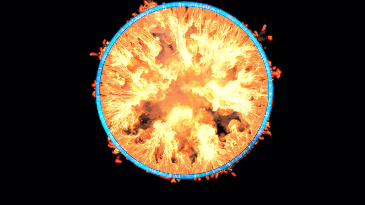 Blue circle igniting with flames on transparent background