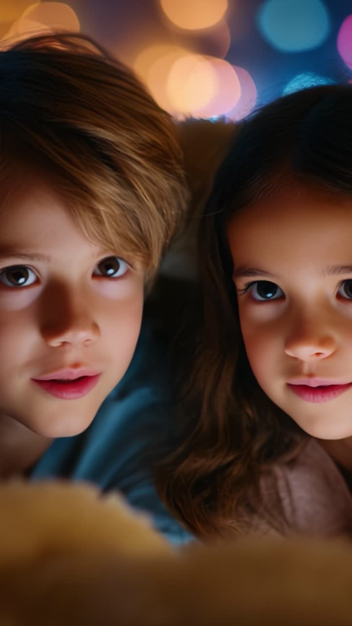 Due bambini che condividono un momento gioioso pieno di meraviglia e felicità, catturato in uno sfondo bokeh colorato che esalta le loro espressioni giocose