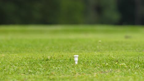 golf driving club hits a golf ball on a tee, close up, slow motion, bokeh