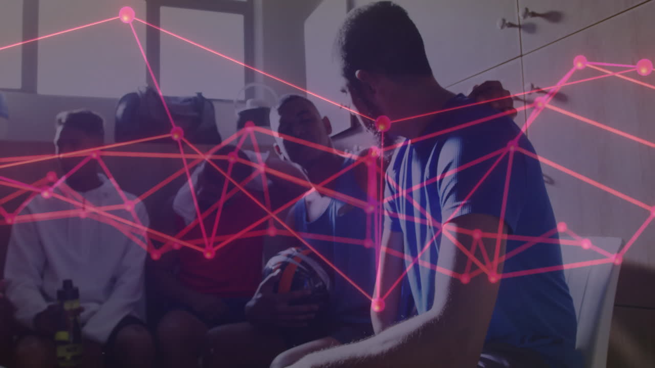 Six male athletes sitting on benches, holding helmet, displaying technology network overlay