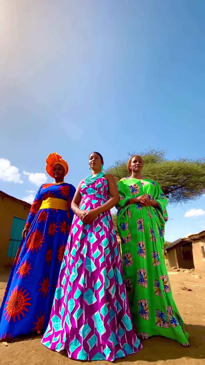 Tre donne africane in abiti tradizionali colorati in piedi all'aperto